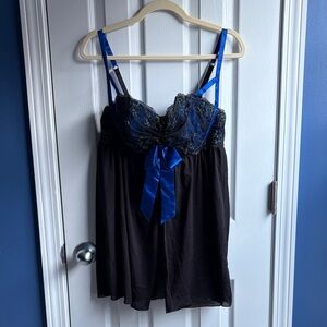 Cacique Lace Bow Babydoll Lingerie Nightgown Size 2X (18/20) Blue Black
